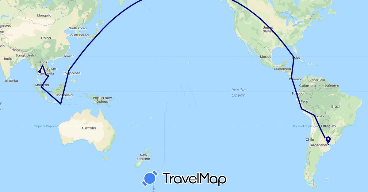 TravelMap itinerary: driving in Argentina, Bolivia, Costa Rica, Cuba, Indonesia, Japan, Cambodia, Laos, Malaysia, Peru, Philippines, Singapore, Thailand, Vietnam (Asia, North America, South America)